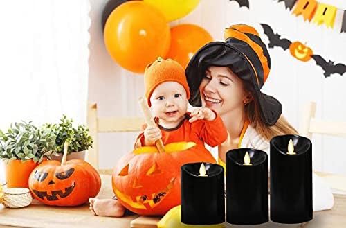 Velas sem chamas pretas de aroma de cozinha, halloween preto pilar de bateria preta velas com controle remoto, pacote de 3