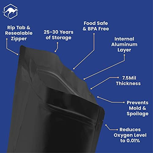 75 Sacos Mylar Wallaby - 1 galão - preto + 60 Stand Up Mylar Bags Pacote com absorvedores e rótulos
