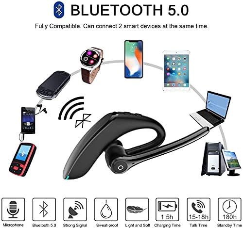 Fone de ouvido Bluetooth, fone de ouvido Bluetooth sem fio v5.0 fones de ouvido sem mãos com microfone de cancelamento de ruído estéreo, telefones celulares compatíveis para iPhone Android Driving/Business/Office