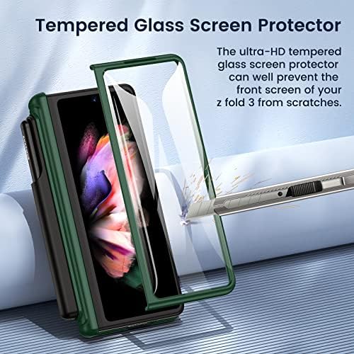 Maxdara para z Caixa 3 Dobra 3 [S Pen do suporte] [Proteção da dobradiça magnética] [tampa da câmera deslizante] [Protetor de tela de vidro temperado] [360 ° Kickstand] Caso acidentado para Samsung Galaxy Z Fold 3 5g