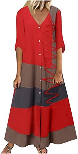 JPVDPA Button feminino para baixo V Decote Halva Maxi Dress Dress Colorblock solto Casual Sundress Flowy