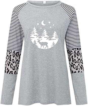 Camisas de Natal casuais femininas Camiseta longa Camiseta de leopardo bloco de colorido listrado túnica de