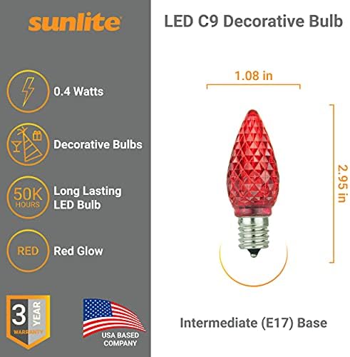 Sunlite 80707 LED C9, lâmpada decorativa de férias, 0,4 watts, base intermediária E17, luzes de Natal facetadas; Luz noturna, vermelho, 6 contagem