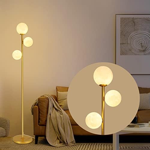 3 Lâmpada Globe Moon Floor para sala de estar, lâmpada de piso de ouro moderno com impressão 3D Sombra fosca e lâmpada LED, lâmpada de meados do século, lâmpada de pólo alto de 67 de metal para quarto quarto de meninas, cômoda, escritório