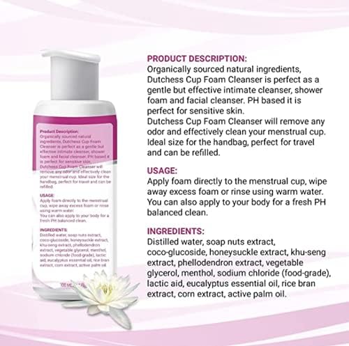 Limpador de espuma de copo menstrual holandês - Adequado para copos menstruais de silicone - ingredientes à base de plantas equilibrados de pH