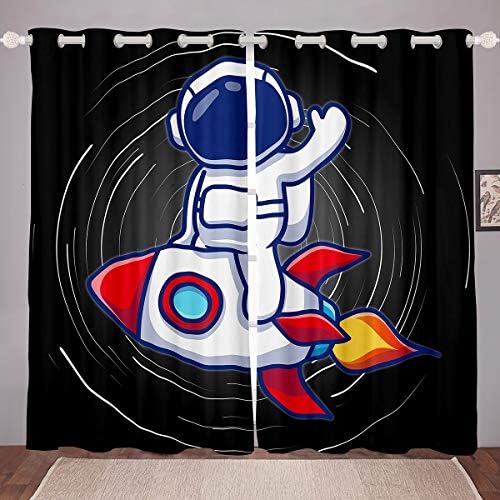 Cortinas de janela de astronauta erosébrida, cortinas de janelas espaciais externas cortinas de foguetes espaciais para crianças meninos adultos adultos, cosmos Os tratamentos com janelas de desenho animado decoração do quarto, preto, 52 wx90 l