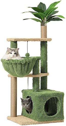MSCASC 51 polegadas Árvore de gatos, torre de gatos de vários níveis com rede grande, árvore de atividades de escalada com folhas de palmeira artificial, condomínio de gato, postes de arranhões de sisal, bola pendurada