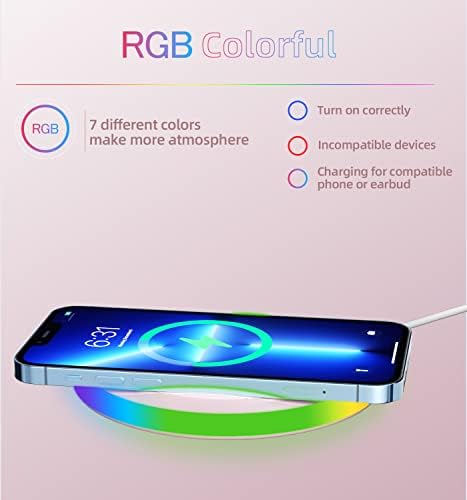 Almofada sem fio carregador, 15w máximo de rápida RGB RGB sem fio compatível com iPhone 14/14 Plus/14 Pro/14 Pro Max/13/13 mini/se 2022/12/11/x/8, Samsung Galaxy S22/S21/S20, AirPods 3 2 Pro Pink