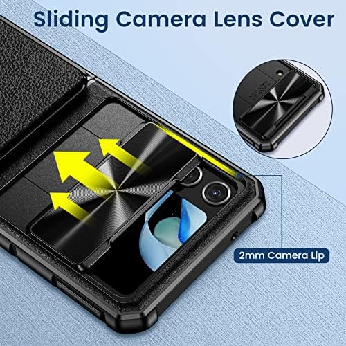 Vego para Samsung Galaxy Z Flip 4 Caixa com tampa da câmera deslizante, caixa de proteção contra dobradiça com porta de crédito de couro destacável Caixa de carteira de proteção pesada para o Galaxy Z Flip 4 - Black