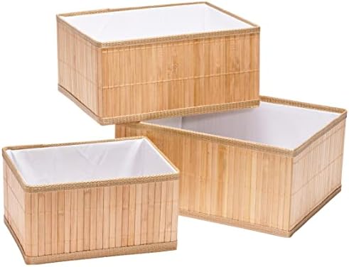 Cestas de armazenamento de bambu, conjunto de 3; Bins de organizadores naturais com revestimento de tecido no interior; Caixas ótimas para cozinha, despensa, banheiro, armários, armazenamento, prateleiras, brinquedos; 3 tamanhos: pequeno, médio, grande