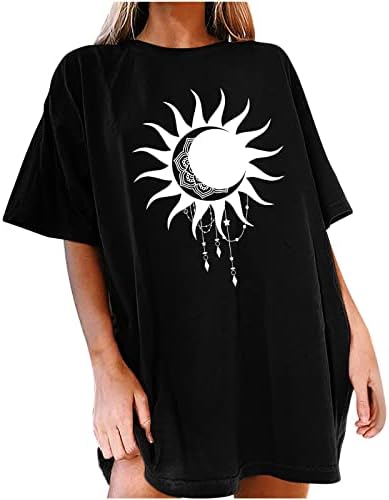 Camiseta Y2K de grandes dimensões para mulheres Sun Moon Print vintage Tops de manga curta Drop ombro de