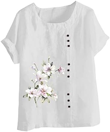 2023 Botão de algodão de linho de manga curta para cima Up Floral Graphic Grandized Lounge Blouse Shirt for