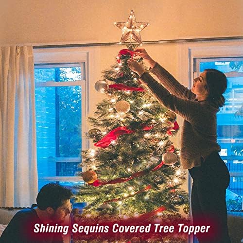 Luxspire Christmas Star Tree Tree, glitter 3D Star Tree Top com luzes LED para decoração de árvores de Natal e decoração sazonal de férias - ouro rosa