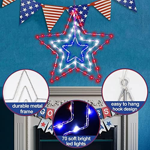 4 de julho Decorações para decoração de patriótica caseira Luzes de estrela com timer, luz de 14,2 polegadas de moldura branca e azul de ferro de 14 polegadas, decoração de silhueta de janela de 8 modos, decorações do dia memorial