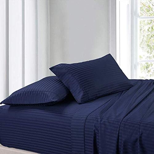 Conjunto de lençóis de tamanho King Size A&R, algodão egípcio, 800 lençóis de cama de fios para encaixar no colchão de até 24 polegadas de profundidade, conjunto de folhas de 4 peças - tamanho king, listrado azul marinho azul