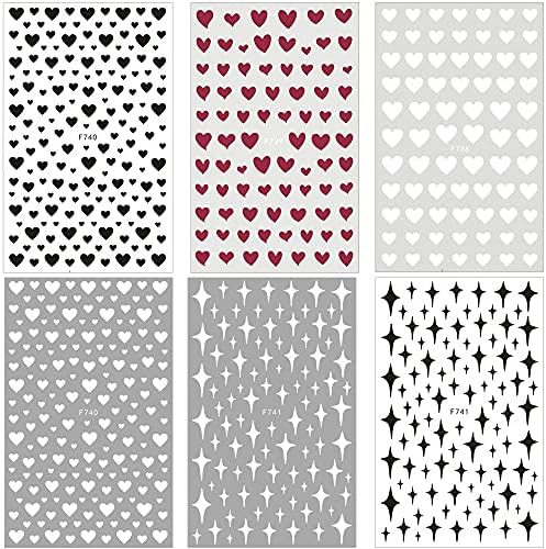 Dornail 6 lençóis adesivos de unhas de estrela do coração 3d Black Heart Love Stars Decalques de unhas