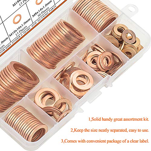Arruelas de cobre helifouner, 150pcs 8 tamanhos de cobre arruelas de lavadoras planas kit de sortimento