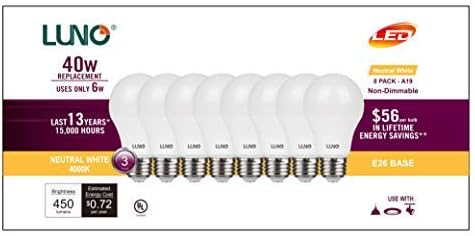 LUNO A19 Bulbo LED não minimabilizável, 6,0W, 450 lúmens, 4000K, base média, UL certificada