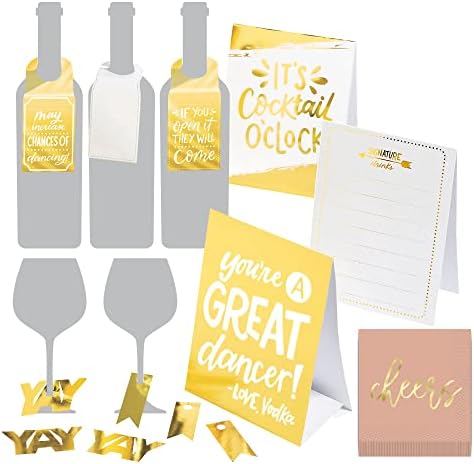 Kit de decorações de coquetéis - Mimosa de ouro e suprimentos de festas de brunch com rótulos, cartões de
