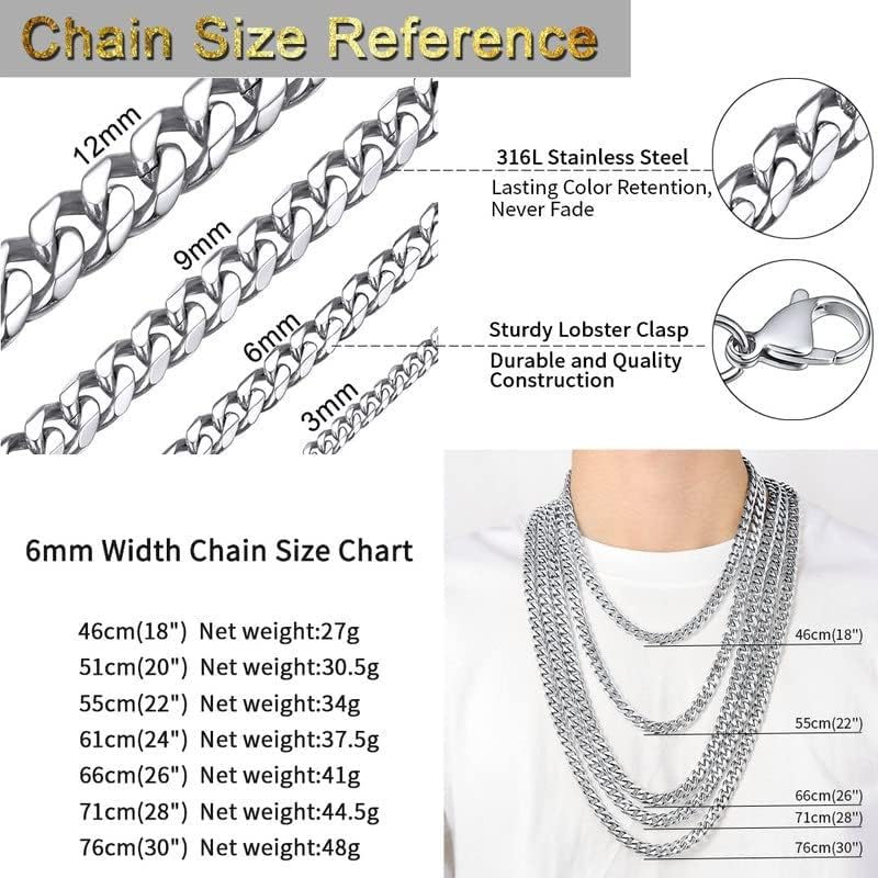ChainShouse Miami Chain Chain Colar para homens Mulheres, 3 mm/6mm/9mm/12mm Largura, 316L Aço inoxidável/18k Gold/preto