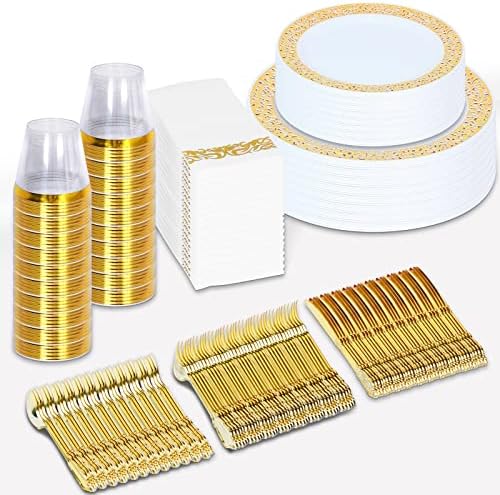 350 peças Conjunto de utensílios de plástico dourado Disponível - 100 placas de plástico de renda dourada,