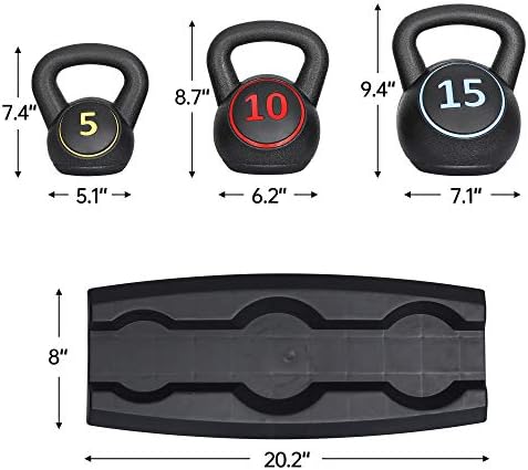 Junglea Kettlebell de 3 peças com rack de armazenamento, 5/10/15 lbs de chaleira largura para treinamento de força, conjunto de peso de fitness de exercício