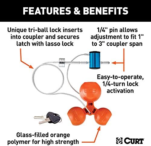 CURT 23082 Lock de acoplador de trailer universal Tri-Ball, se encaixa 1-7/8, 2, 2-5/16 polegadas, laranja