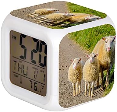 7 relógio coloralarm LED Relógio digital Mudança leve noite GLOWLENDY KIDS Despertador Despertador Crianças Presente três ovelhas brancas no caminho