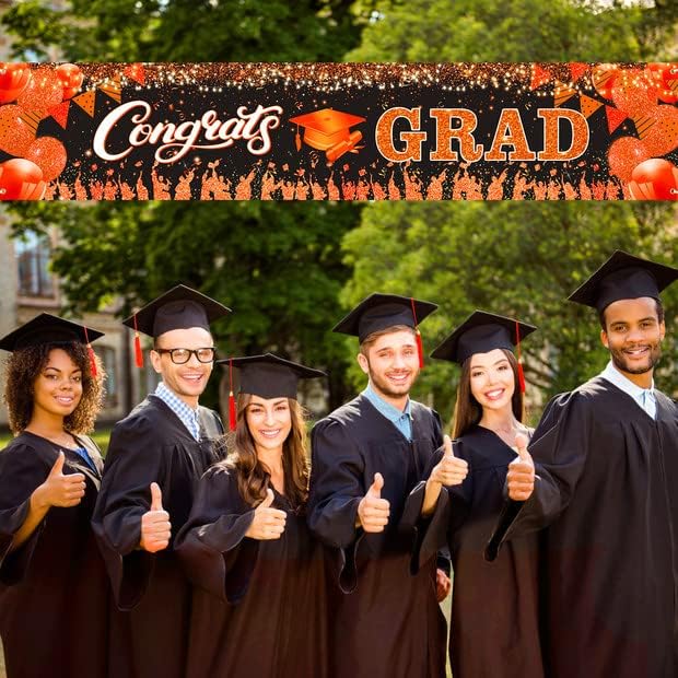 Decorações de festa de formatura Banner Orange Parabéns Banner de pós -graduação 2023 Orange Black Parabéns Graduados